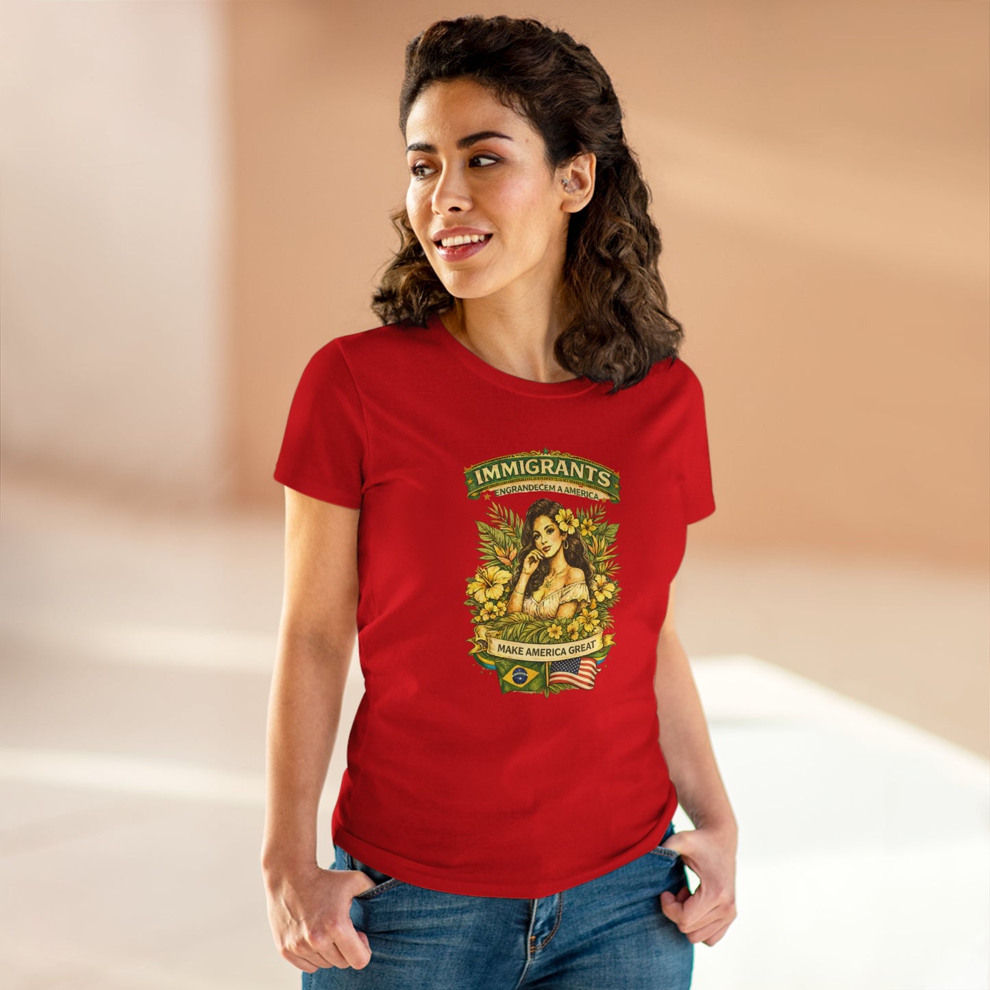 Camiseta Babylook Feminina “Immigrants Engrandecem a America” – Orgulho Imigrante | BornBrasil
