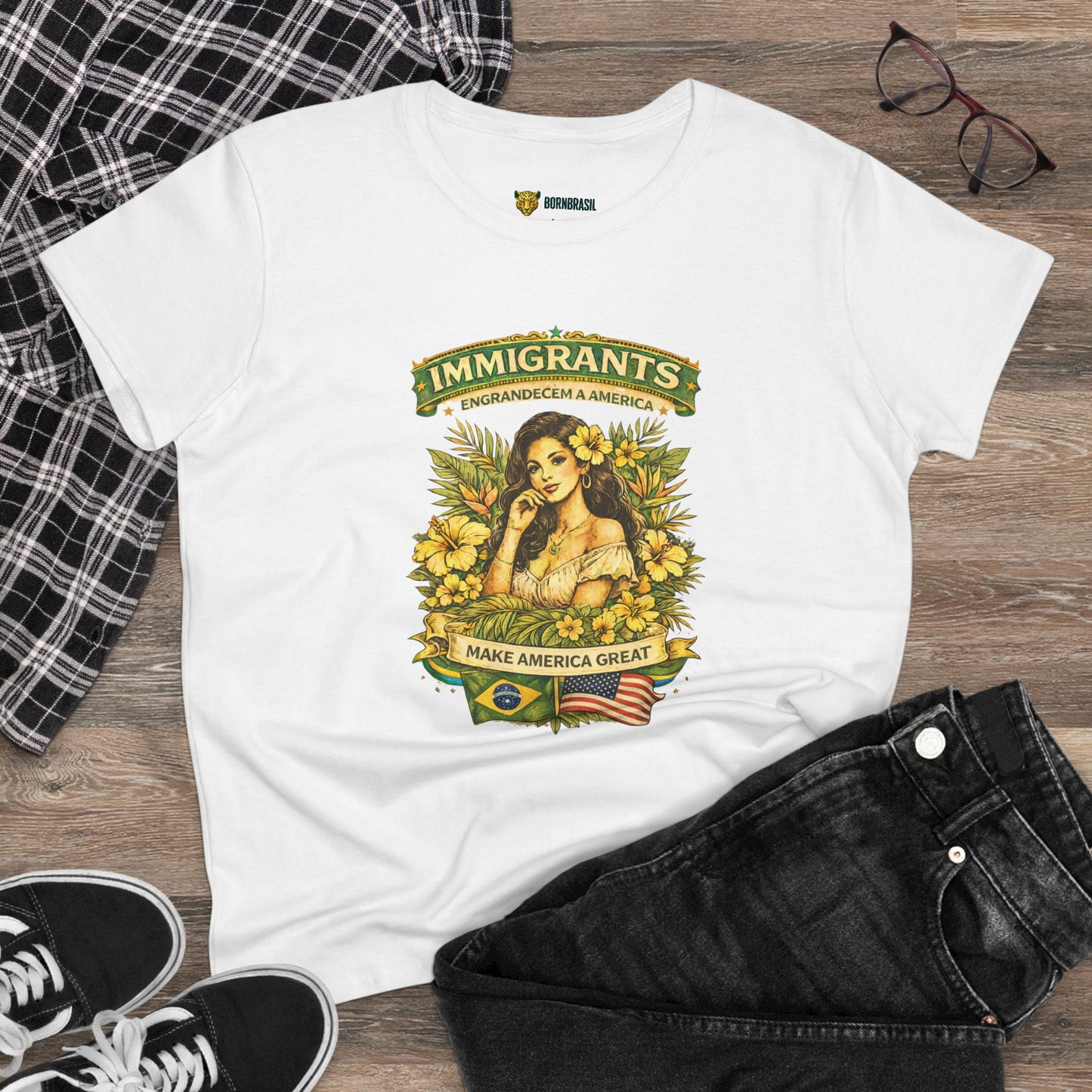 Camiseta Babylook Feminina “Immigrants Engrandecem a America” – Orgulho Imigrante | BornBrasil
