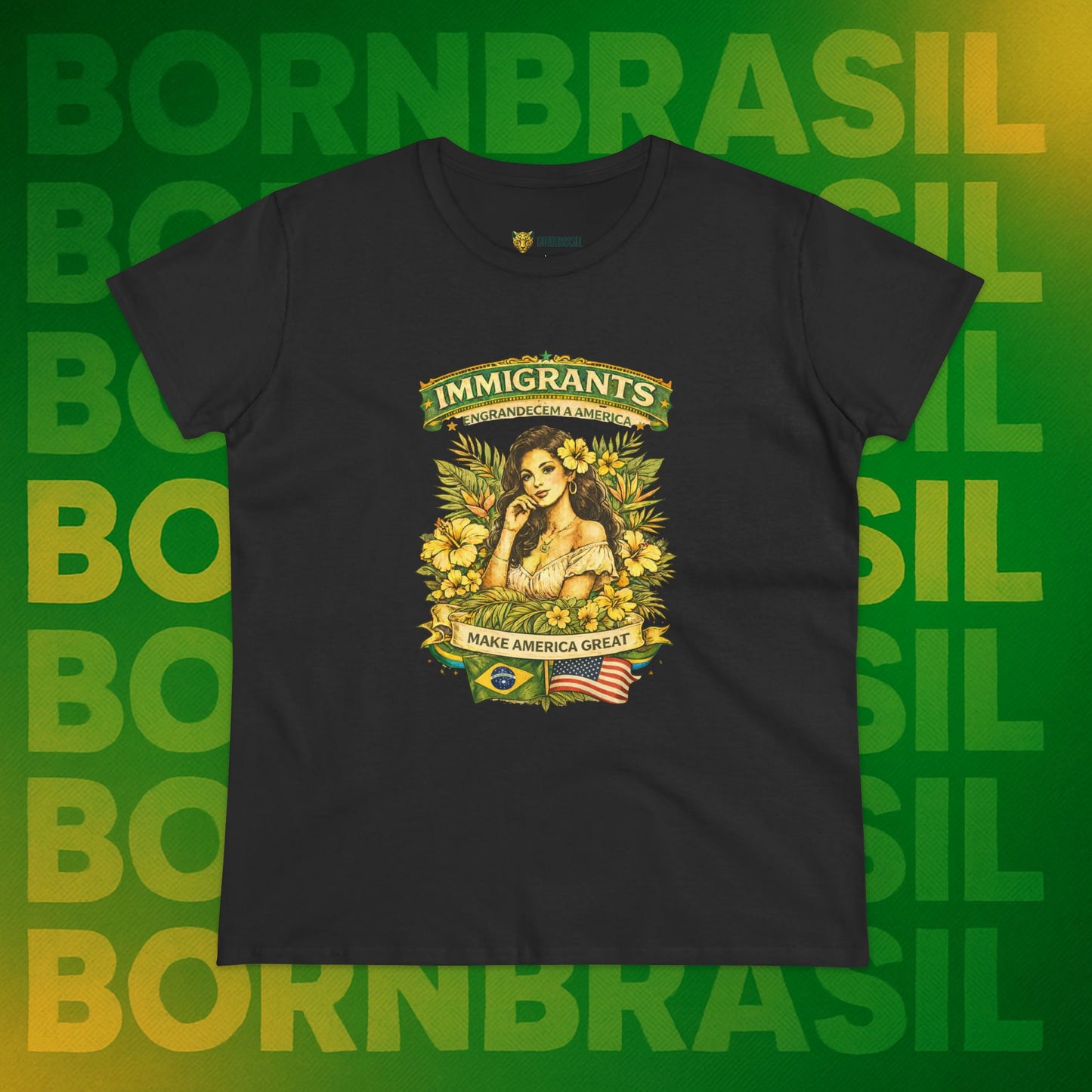 Camiseta Babylook Feminina “Immigrants Engrandecem a America” – Orgulho Imigrante | BornBrasil