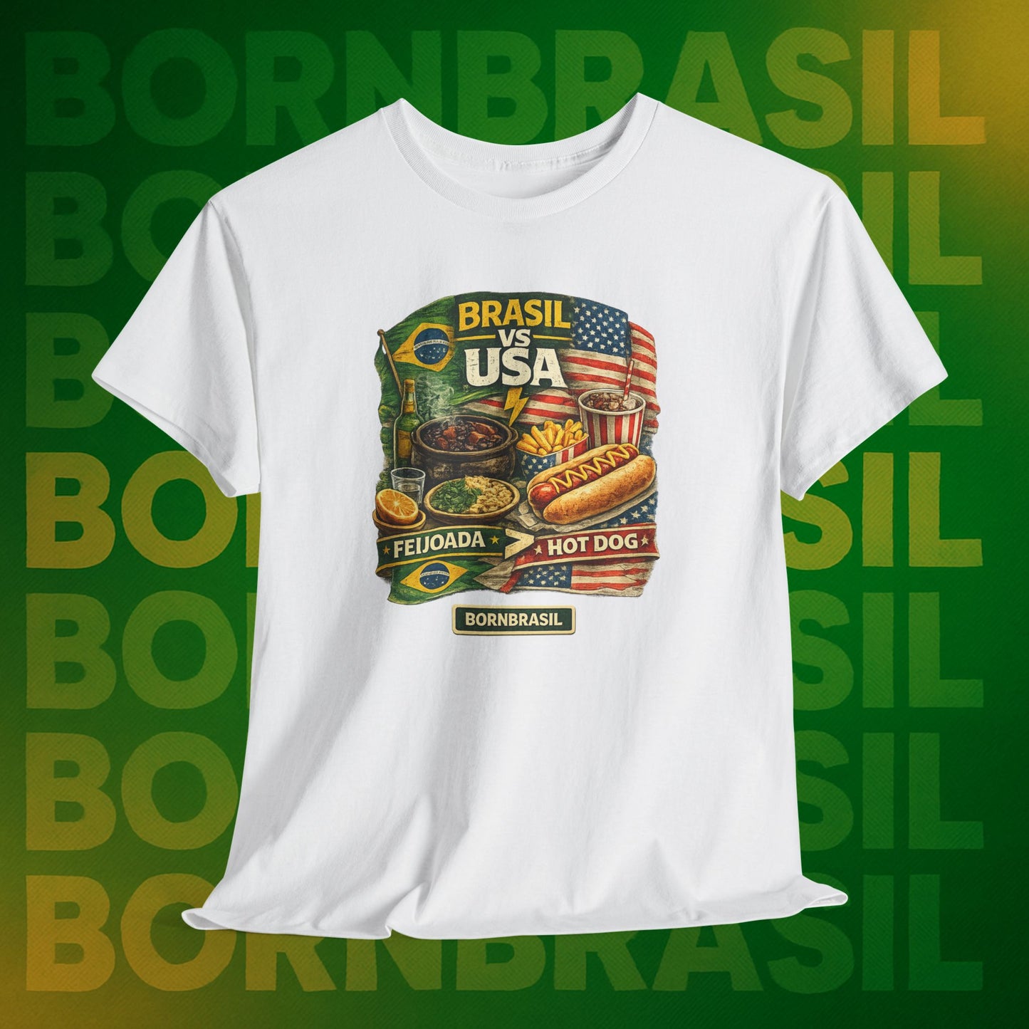 Camiseta Masculina BornBrasil Feijoada vs Hot Dog