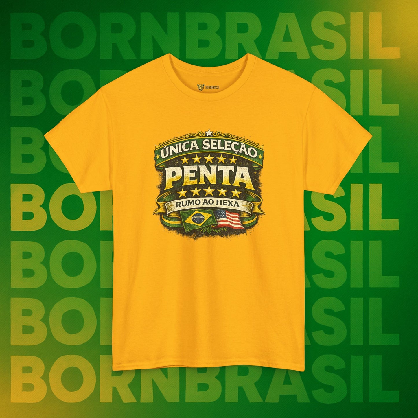 Camiseta Masculina BornBrasil Única Seleção Penta - Rumo ao Hexa Estilo Retrô