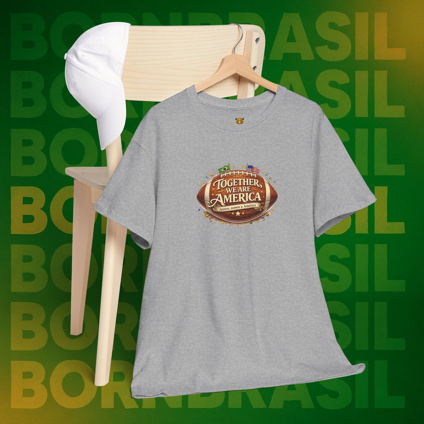 Camiseta Masculina “Together, We Are America” – Orgulho Brasileiro nos EUA | BornBrasil