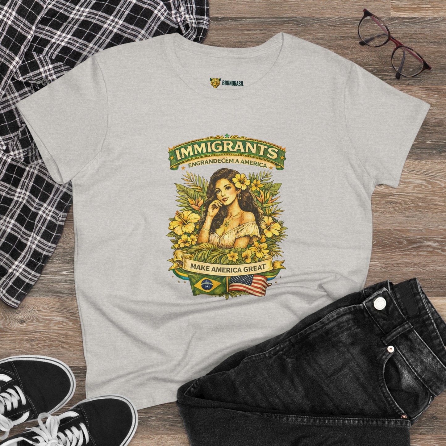 Camiseta Babylook Feminina “Immigrants Engrandecem a America” – Orgulho Imigrante | BornBrasil