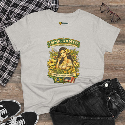 Camiseta Babylook Feminina “Immigrants Engrandecem a America” – Orgulho Imigrante | BornBrasil