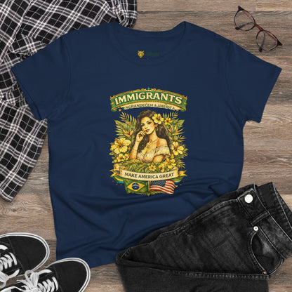 Camiseta Babylook Feminina “Immigrants Engrandecem a America” – Orgulho Imigrante | BornBrasil
