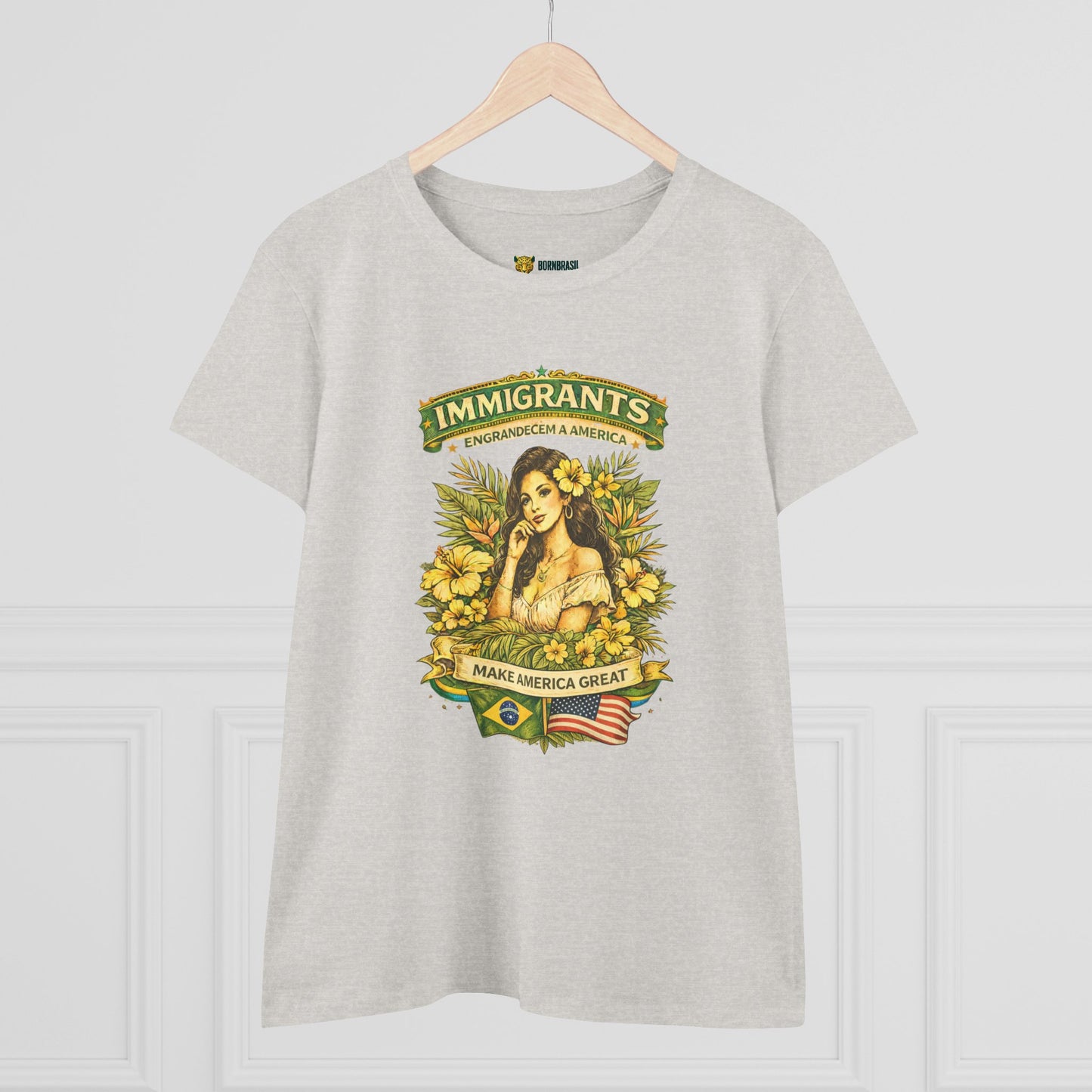 Camiseta Babylook Feminina “Immigrants Engrandecem a America” – Orgulho Imigrante | BornBrasil