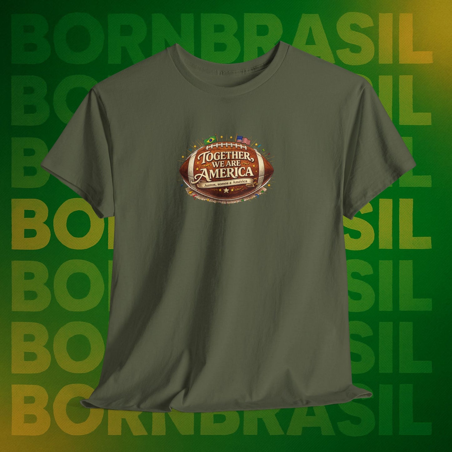 Camiseta Masculina “Together, We Are America” – Orgulho Brasileiro nos EUA | BornBrasil