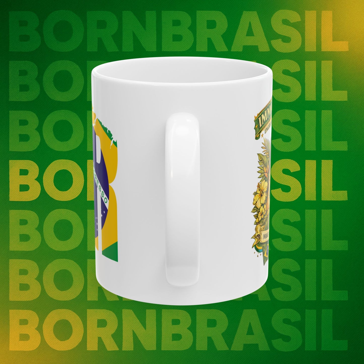 Caneca BornBrasil “BR + Immigrants Engrandecem a America” – Cerâmica 11oz e 15oz | Frente e Verso