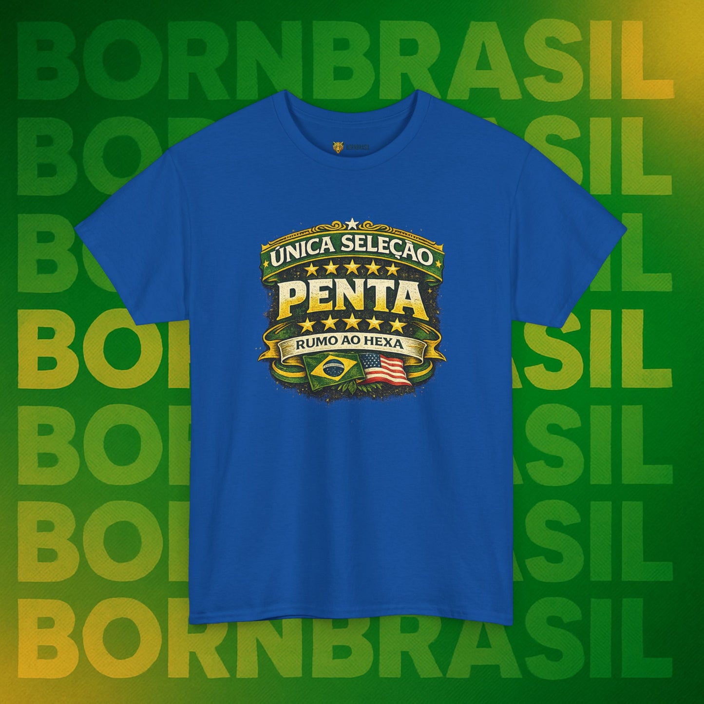Camiseta Masculina BornBrasil Única Seleção Penta - Rumo ao Hexa Estilo Retrô