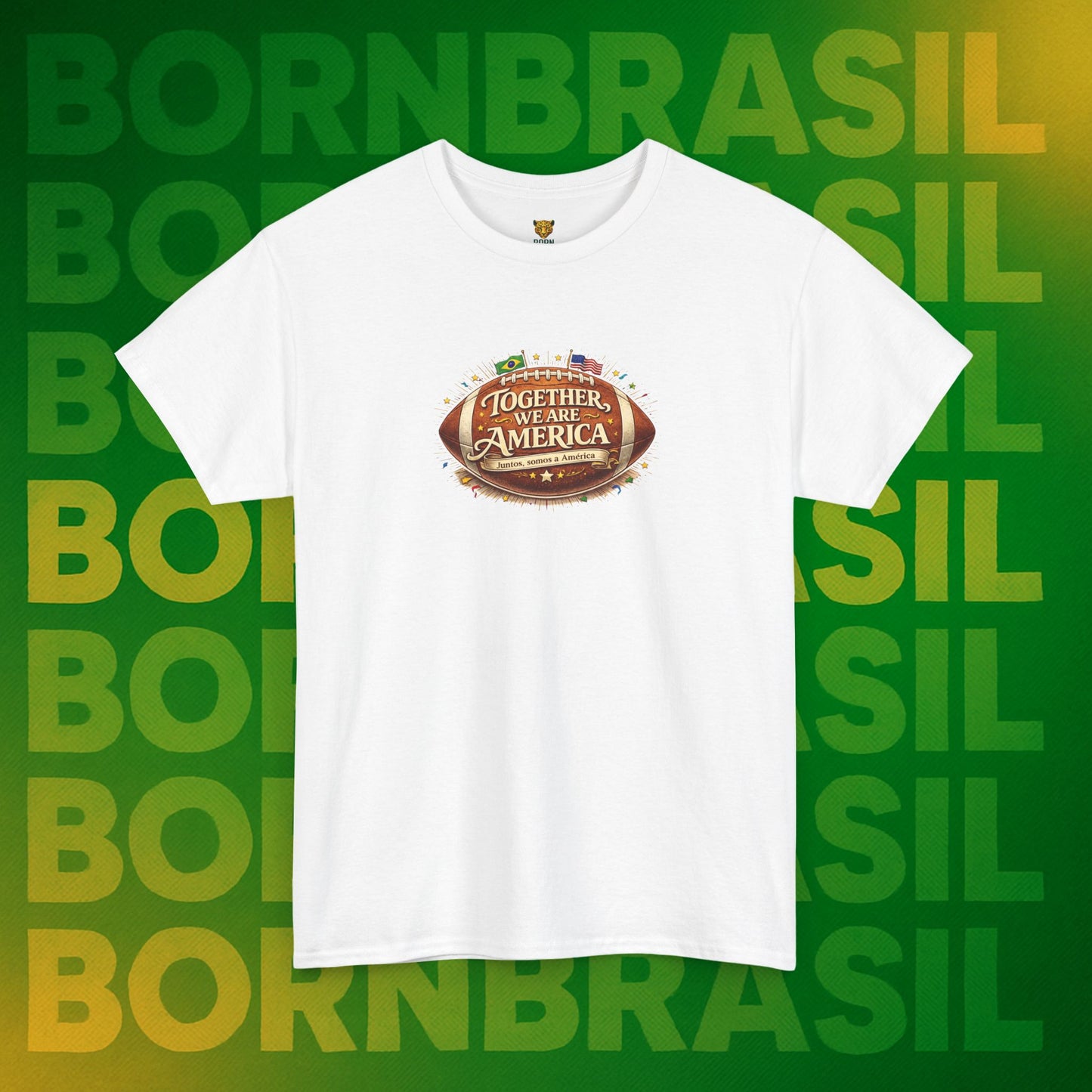 Camiseta Masculina “Together, We Are America” – Orgulho Brasileiro nos EUA | BornBrasil