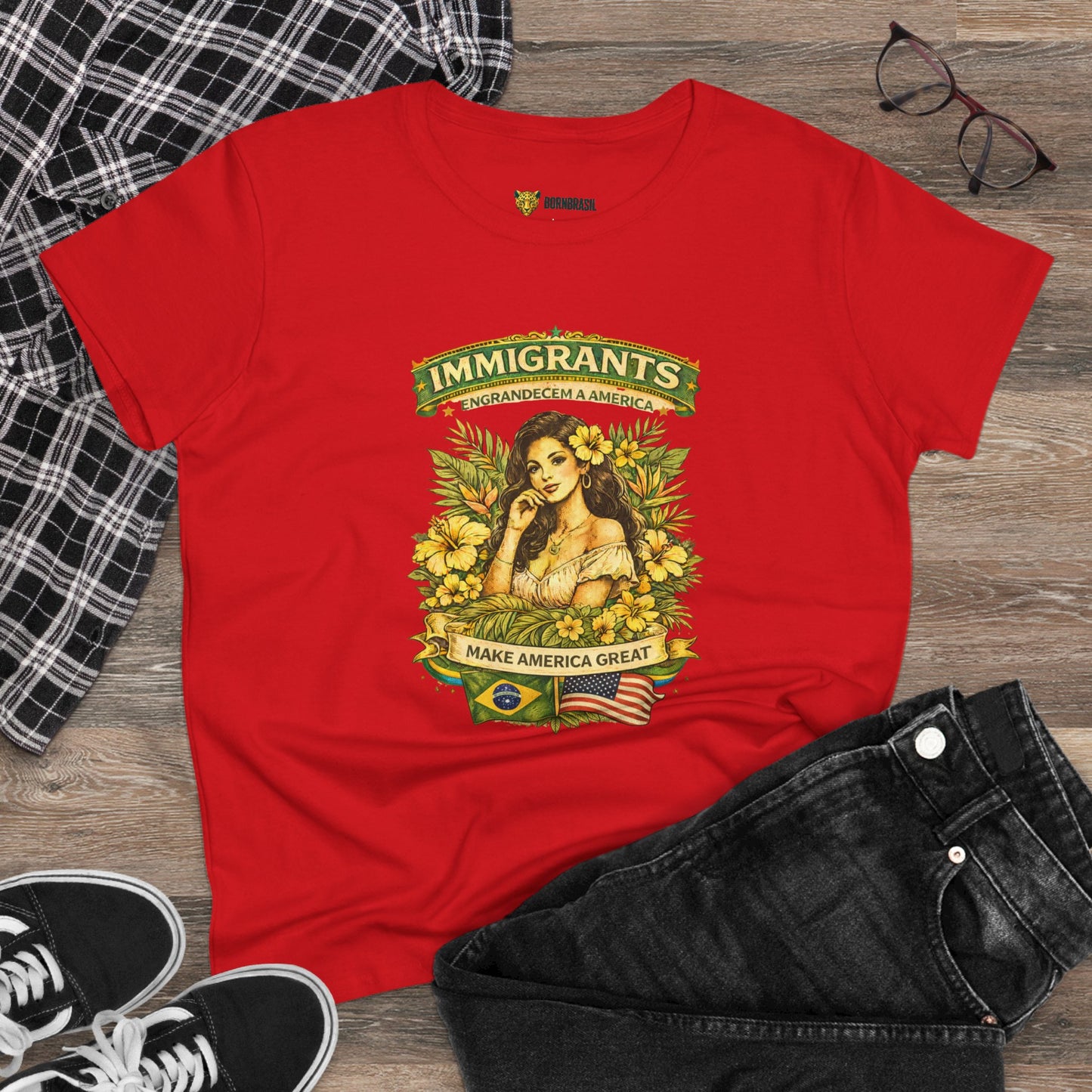 Camiseta Babylook Feminina “Immigrants Engrandecem a America” – Orgulho Imigrante | BornBrasil
