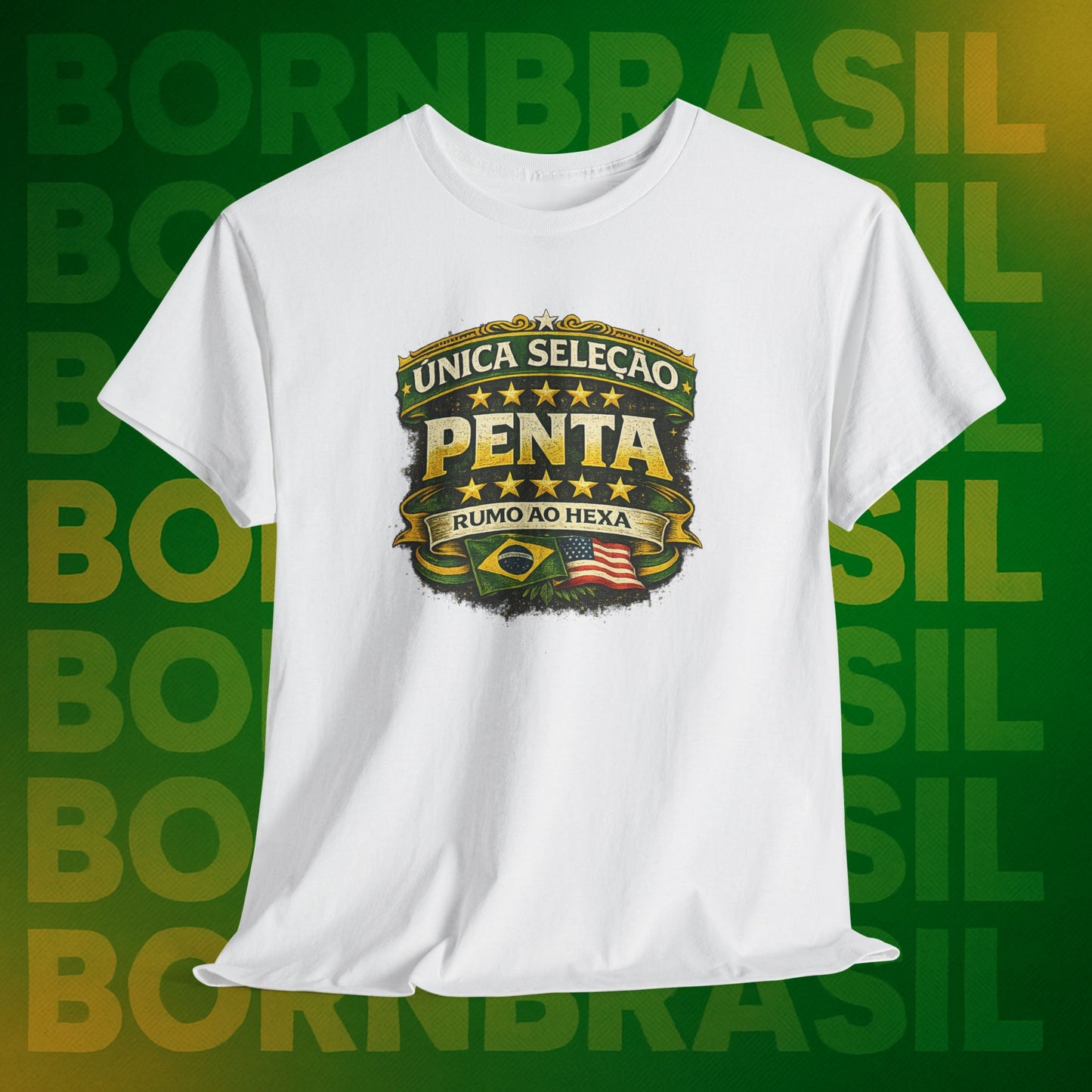 Camiseta Masculina BornBrasil Única Seleção Penta - Rumo ao Hexa Estilo Retrô