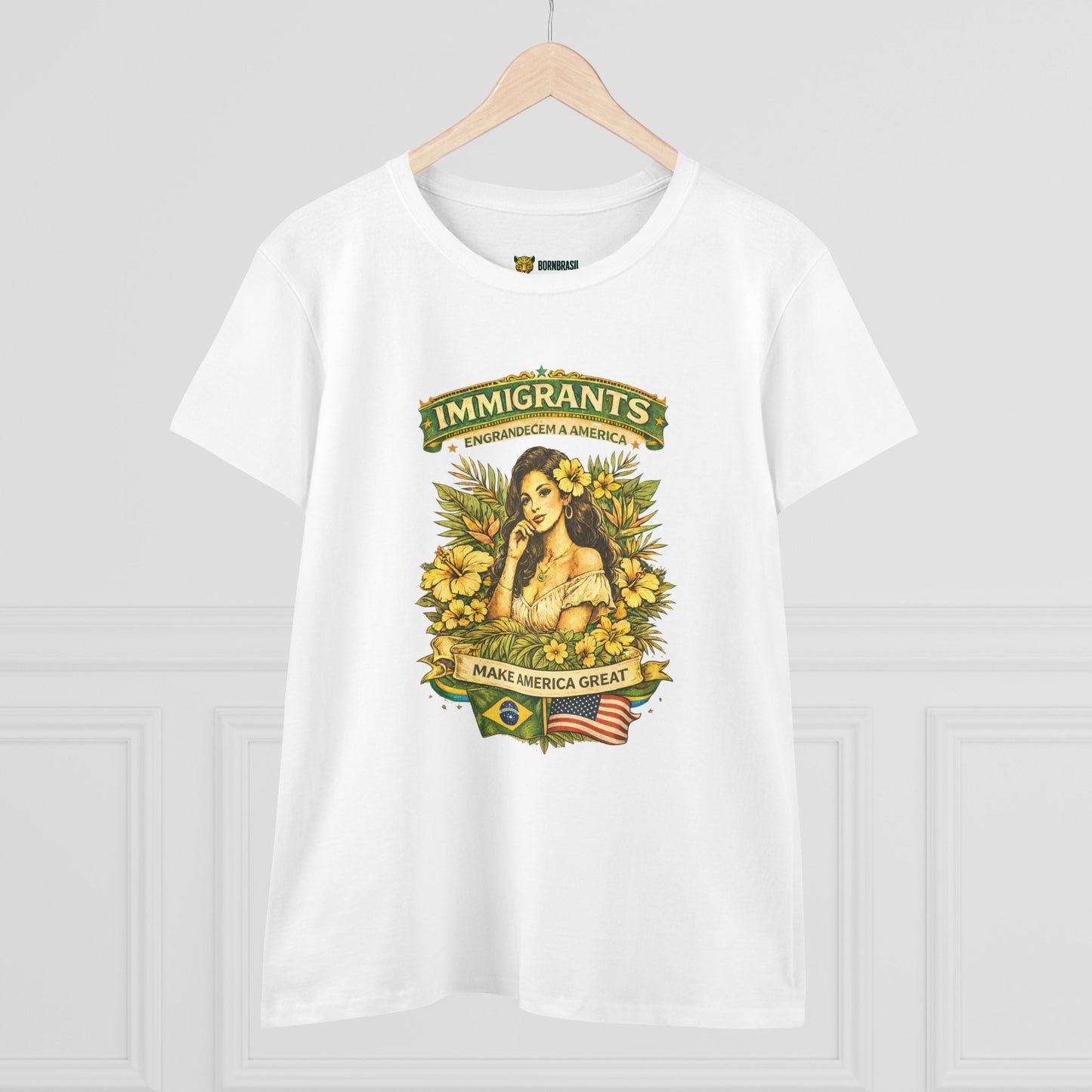Camiseta Babylook Feminina “Immigrants Engrandecem a America” – Orgulho Imigrante | BornBrasil