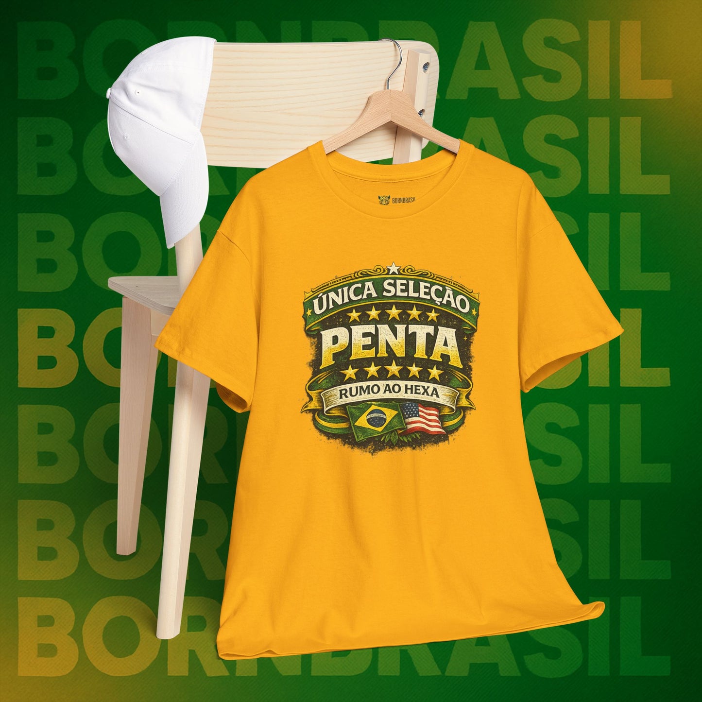 Camiseta Masculina BornBrasil Única Seleção Penta - Rumo ao Hexa Estilo Retrô