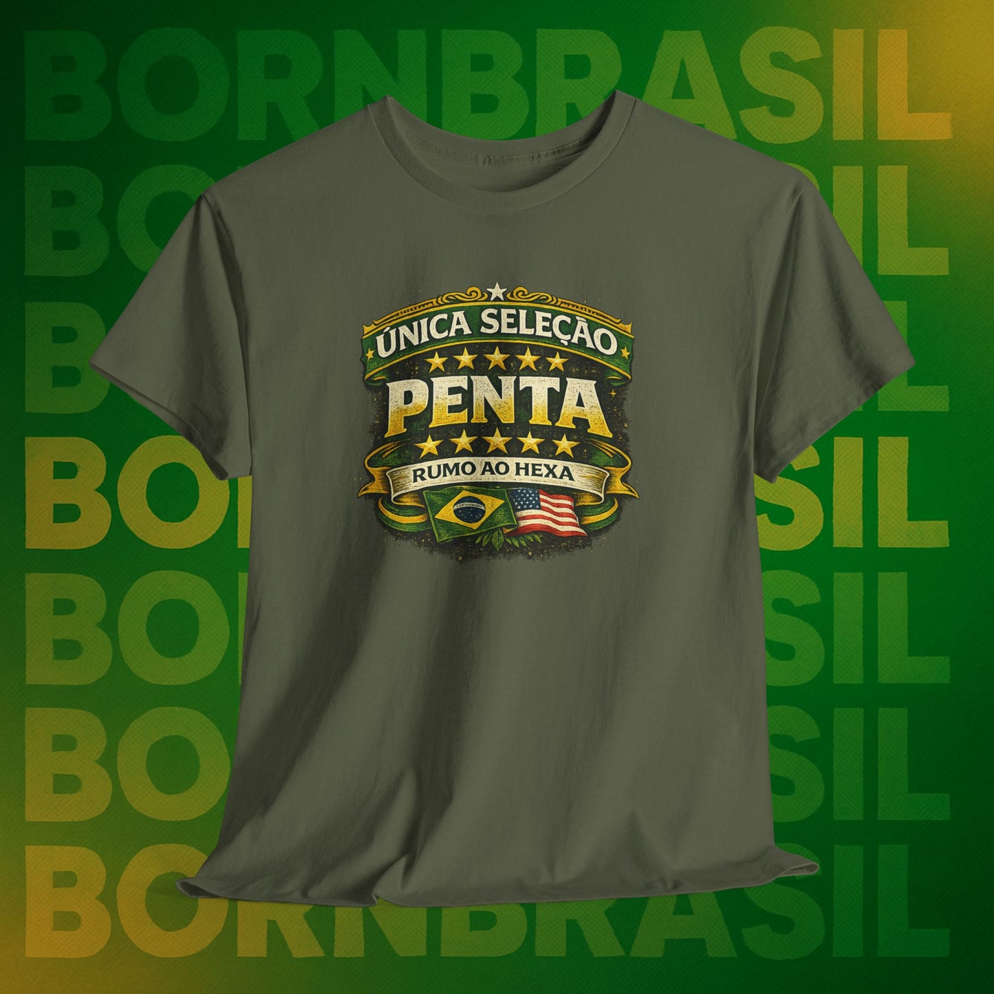Camiseta Masculina BornBrasil Única Seleção Penta - Rumo ao Hexa Estilo Retrô