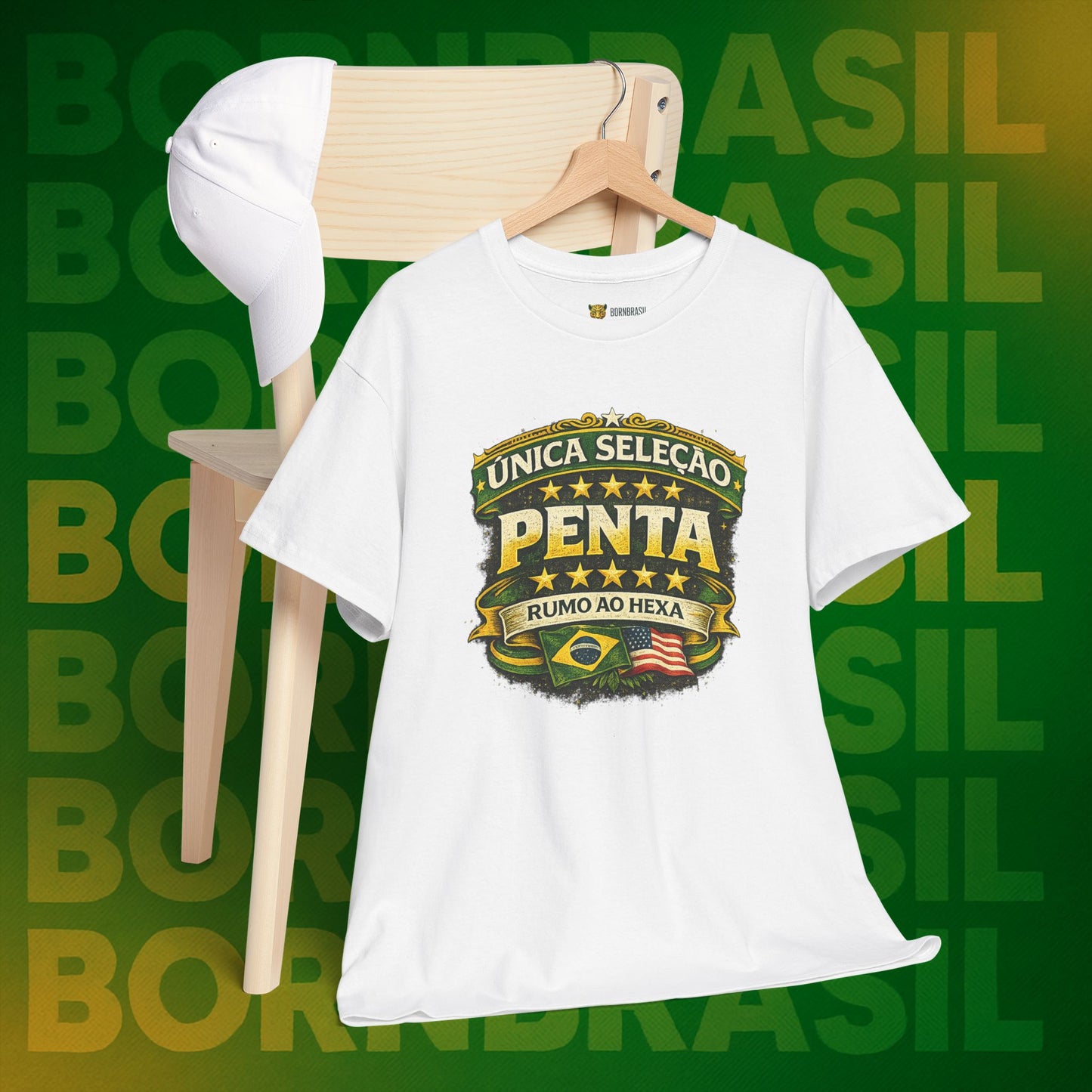 Camiseta Masculina BornBrasil Única Seleção Penta - Rumo ao Hexa Estilo Retrô
