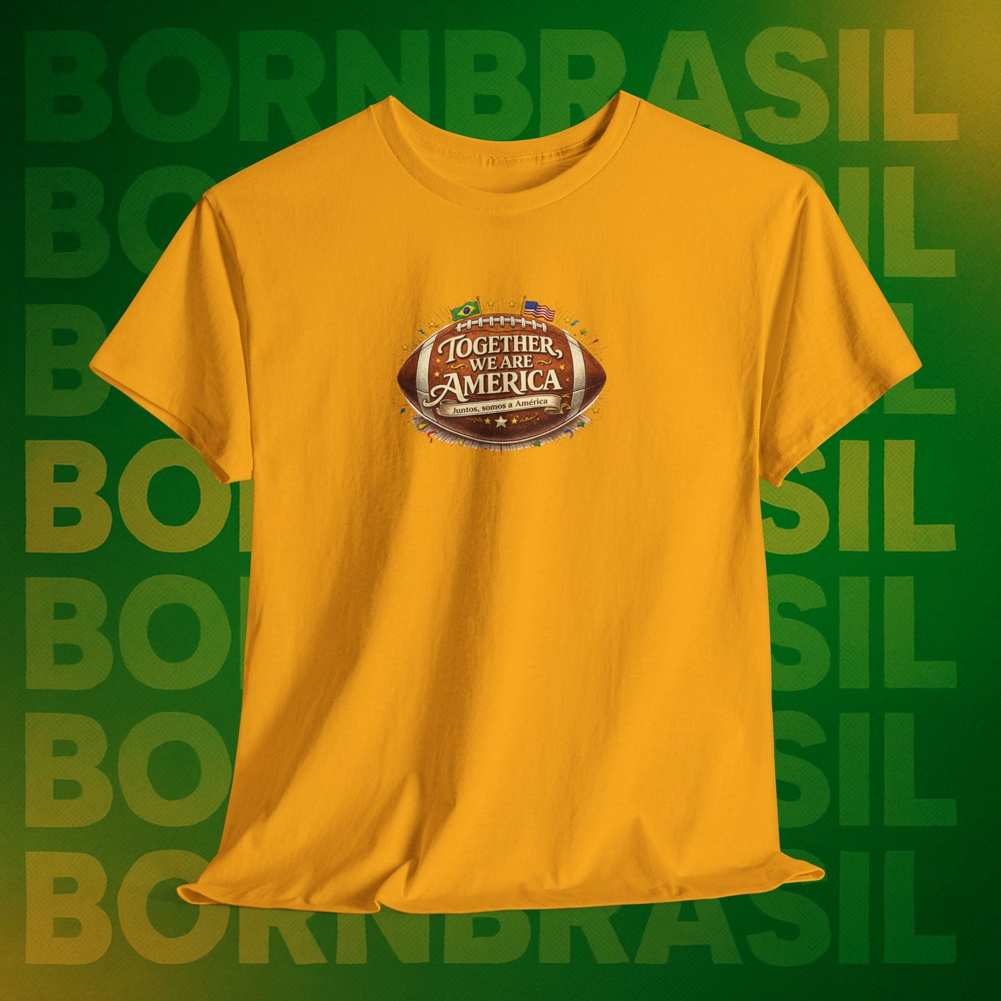Camiseta Masculina “Together, We Are America” – Orgulho Brasileiro nos EUA | BornBrasil