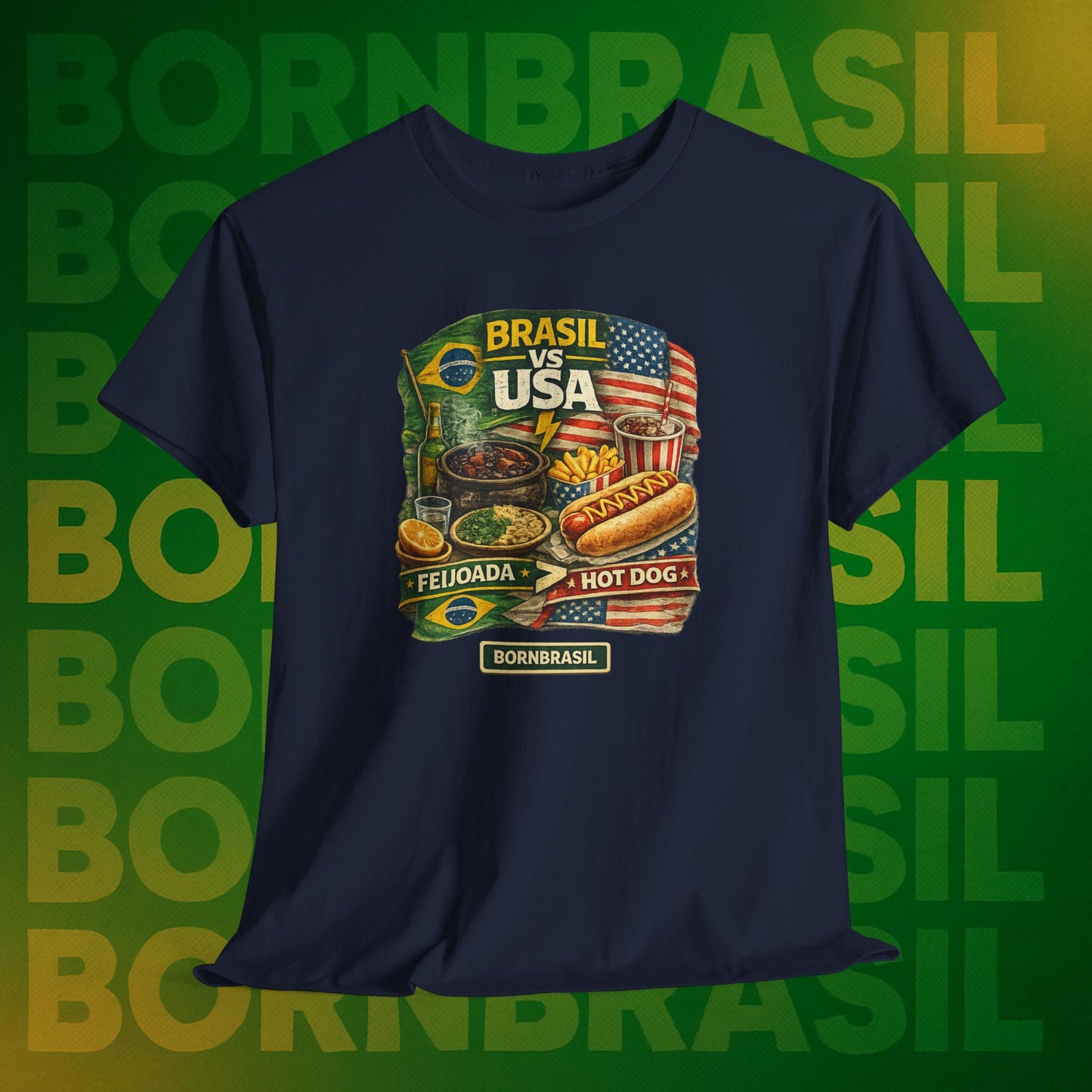 Camiseta Masculina BornBrasil Feijoada vs Hot Dog