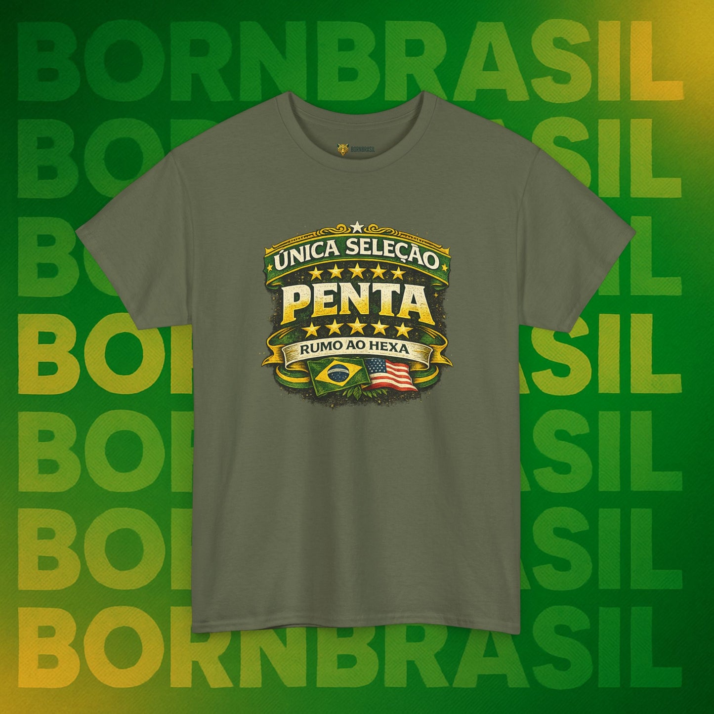 Camiseta Masculina BornBrasil Única Seleção Penta - Rumo ao Hexa Estilo Retrô