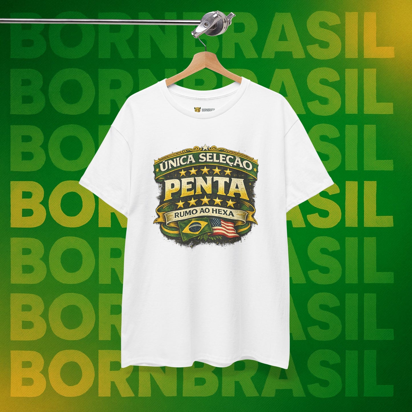 Camiseta Masculina BornBrasil Única Seleção Penta - Rumo ao Hexa Estilo Retrô