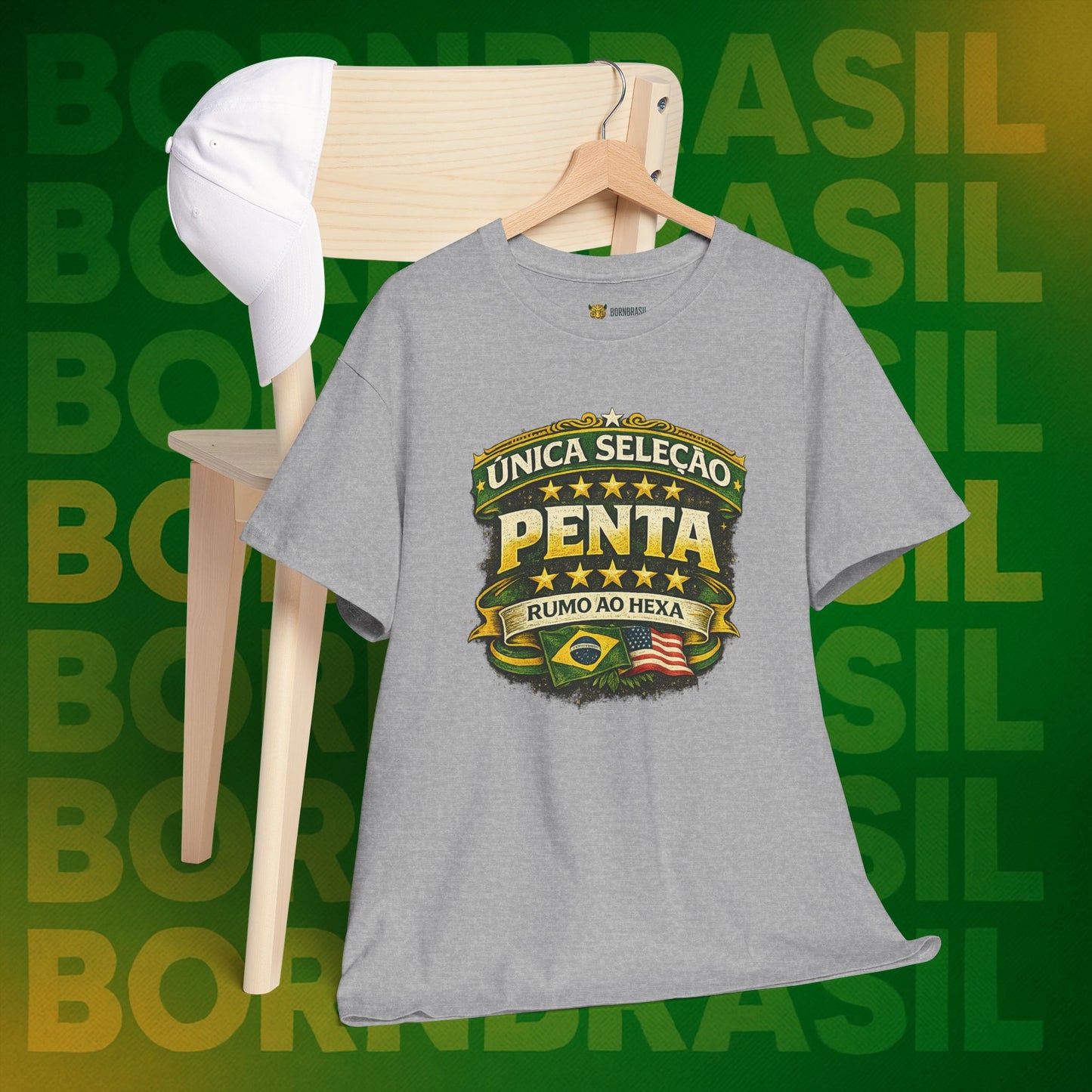 Camiseta Masculina BornBrasil Única Seleção Penta - Rumo ao Hexa Estilo Retrô